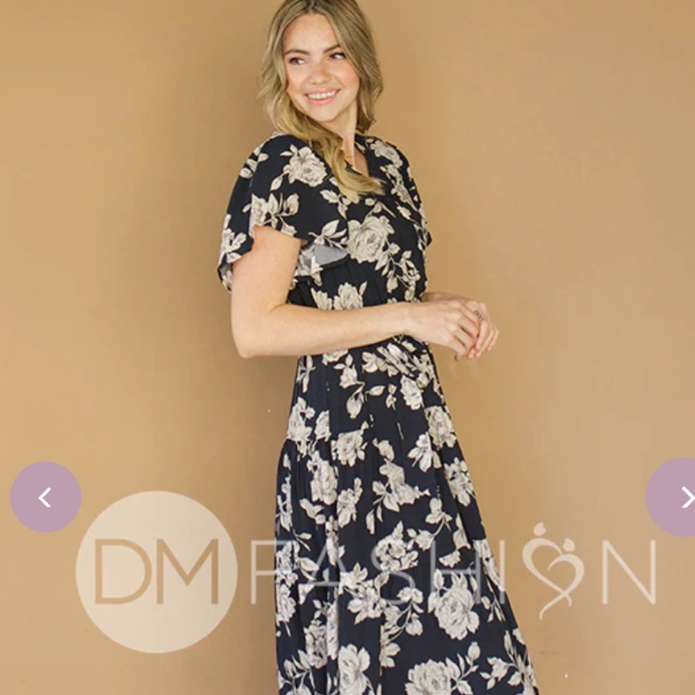 Black and taupe floral wrap dress